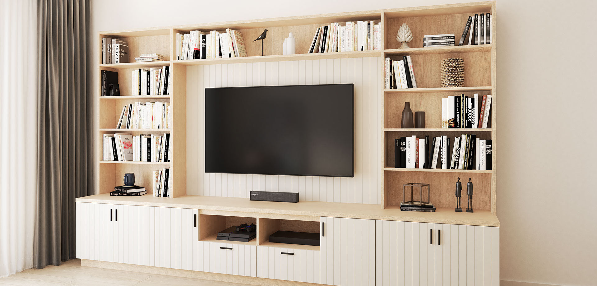 Coastal-Inspired Built-In TV Unit & Bookcase in Whitewashed Oak