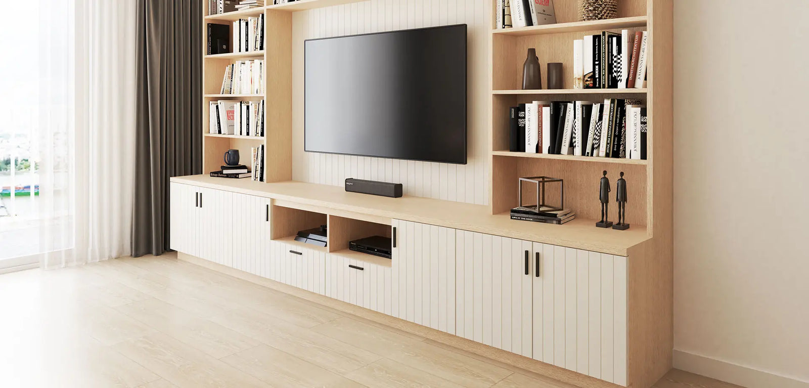 Coastal-Inspired Built-In TV Unit & Bookcase in Whitewashed Oak   Wintons Teak