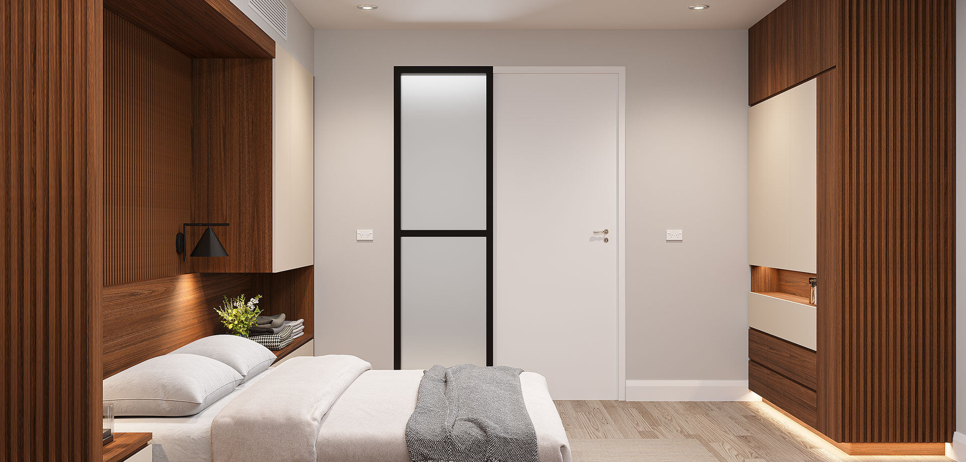 Walnut Bedroom Wall Unit with Built-In King Bed Frame