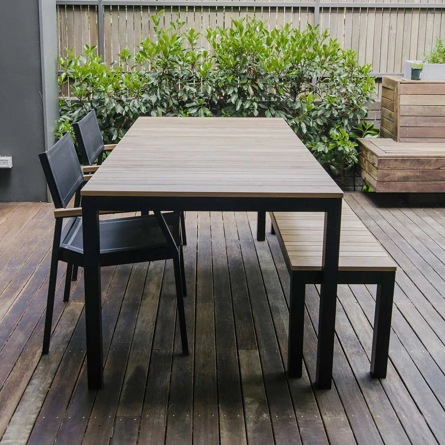 Tandem Alu Table, Bench and Salma Chair Dining Set - Black   Wintons Teak