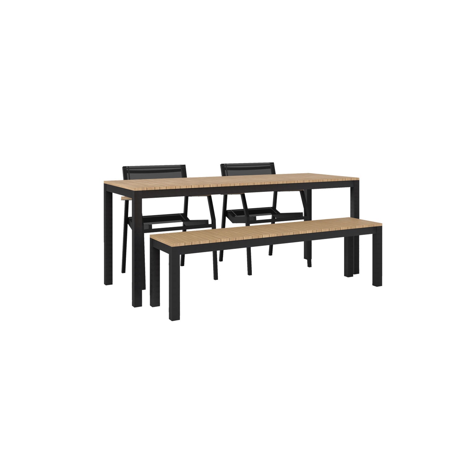 Narrow Width Tandem Alu Table, Bench and Salma Chair Dining Set - Black - Tandem 180x70 + Backless Bench + 2 Salma Sail Alu