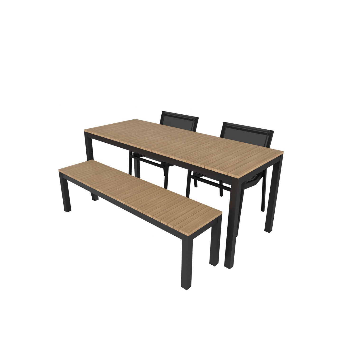 Narrow Width Tandem Alu Table, Bench and Salma Chair Dining Set - Black - Tandem 180x70 + Backless Bench + 2 Salma Sail Alu