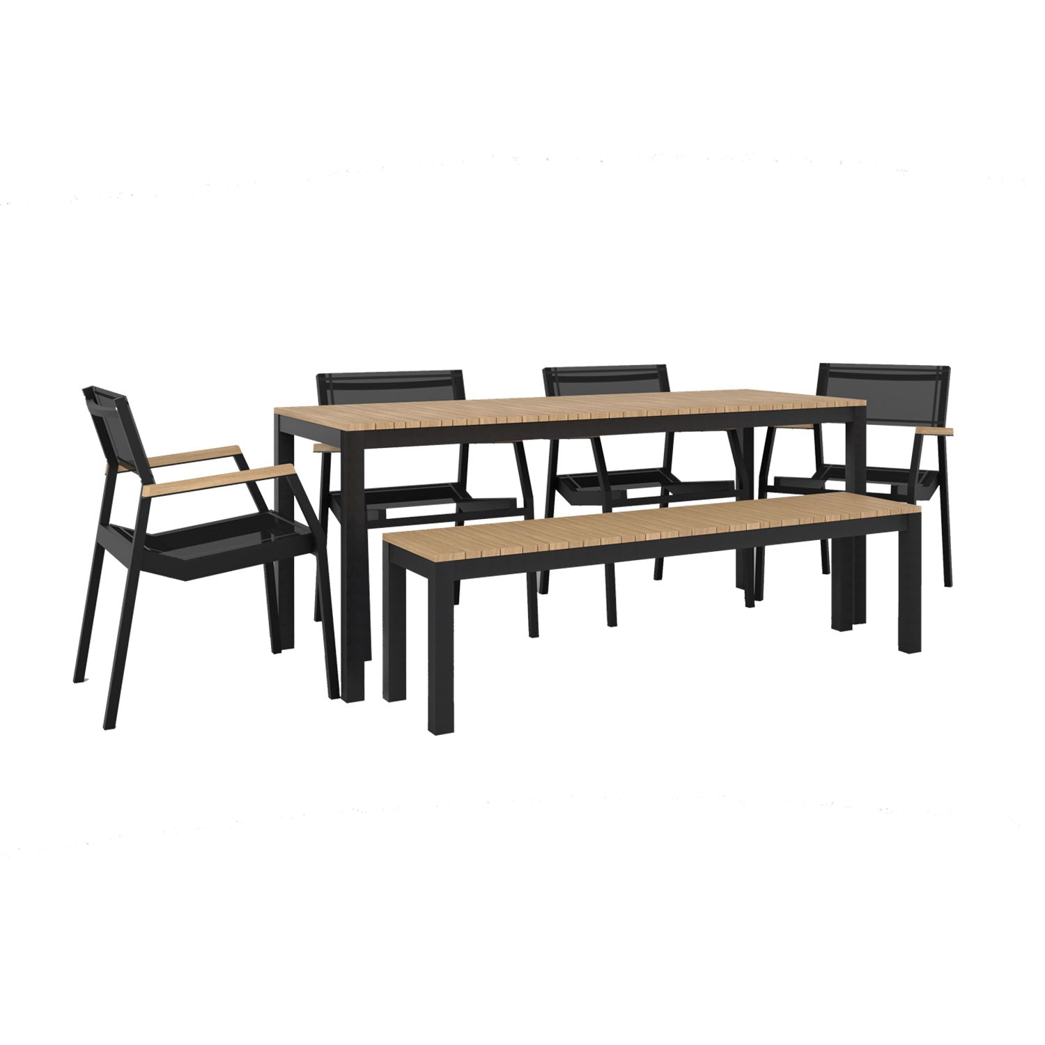 Narrow Width Tandem Alu Table, Bench and Salma Chair Dining Set - Black - Tandem 180x70 + Backless Bench + 4 Salma Sail Alu