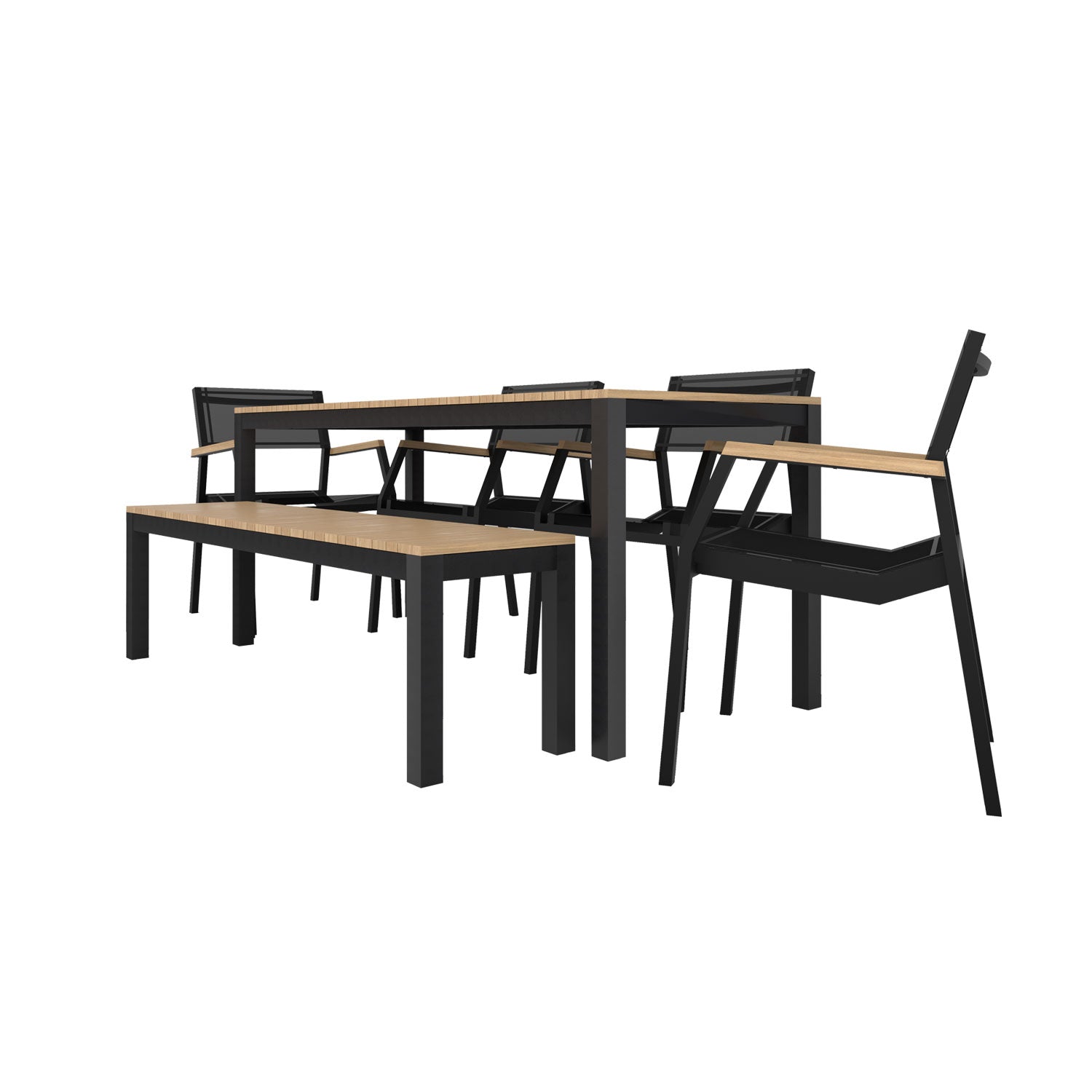 Narrow Width Tandem Alu Table, Bench and Salma Chair Dining Set - Black - Tandem 180x70 + Backless Bench + 4 Salma Sail Alu