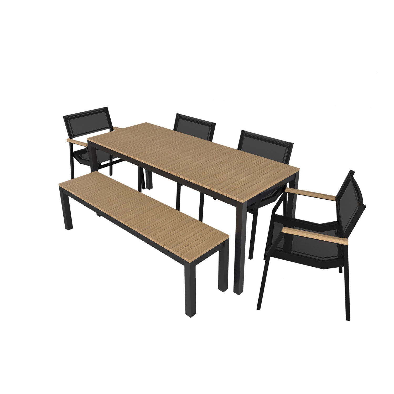 Narrow Width Tandem Alu Table, Bench and Salma Chair Dining Set - Black - Tandem 180x70 + Backless Bench + 4 Salma Sail Alu
