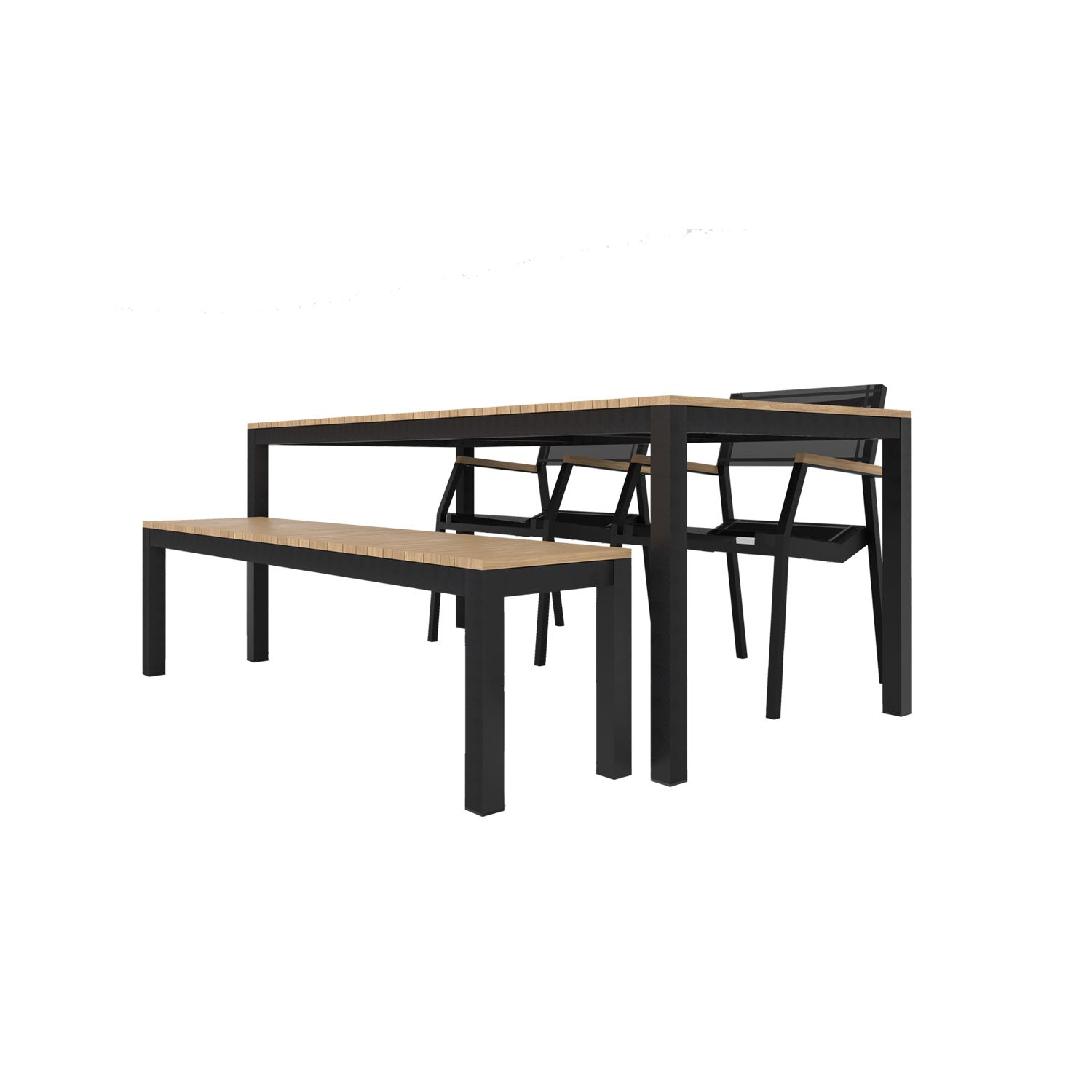 Tandem Alu Table, Bench and Salma Chair Dining Set - Black - Tandem 180x90 + Backless Bench + 2 Salma Sail Alu