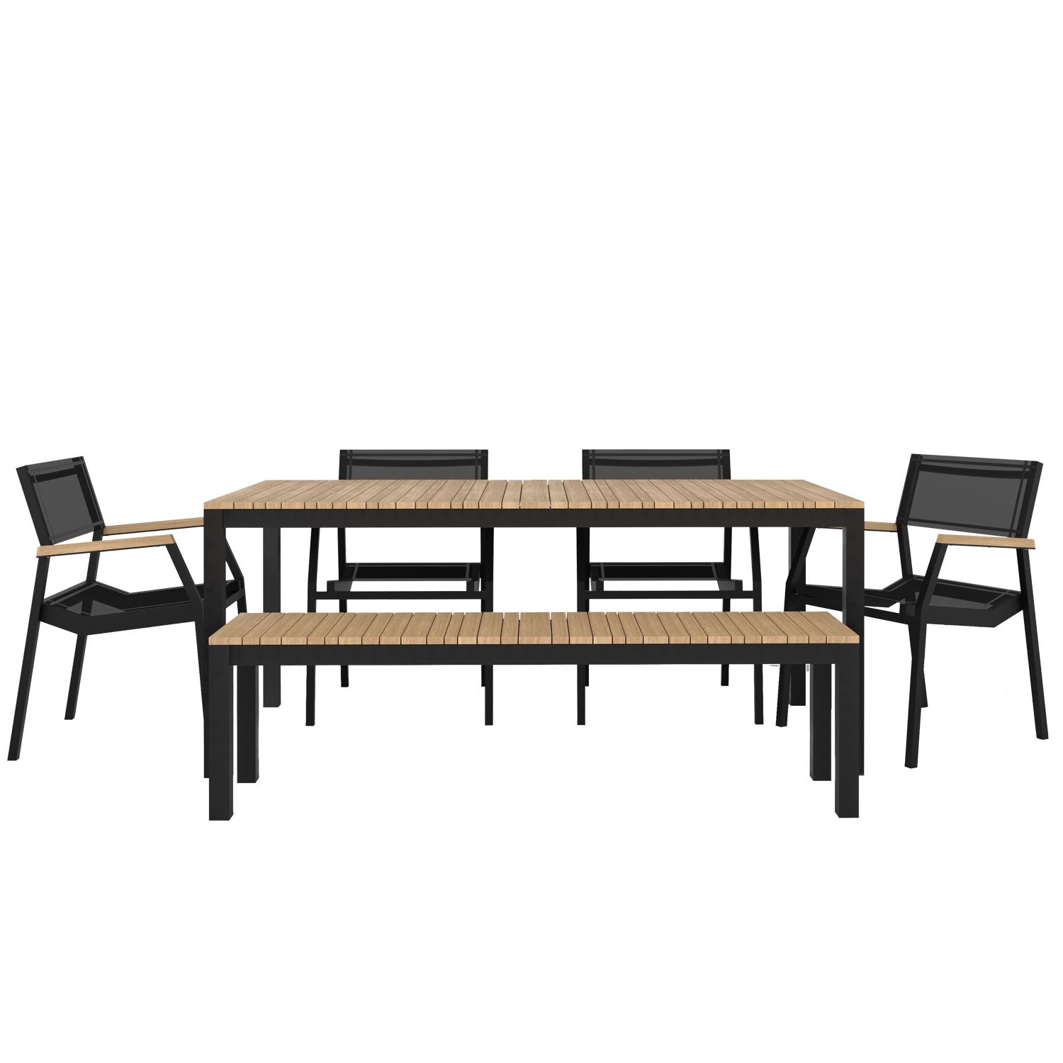 Tandem Alu Table, Bench and Salma Chair Dining Set - Black - Tandem 180x90 + Backless Bench + 4 Salma Sail Alu