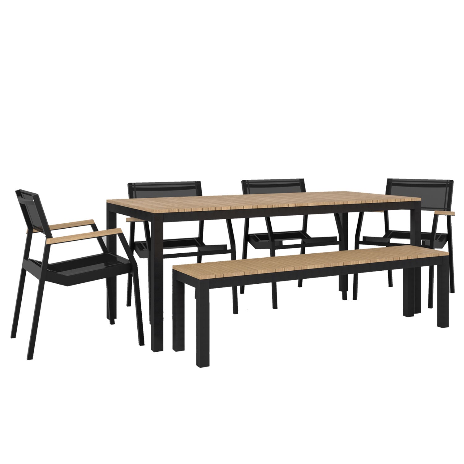 Tandem Alu Table, Bench and Salma Chair Dining Set - Black - Tandem 180x90 + Backless Bench + 4 Salma Sail Alu
