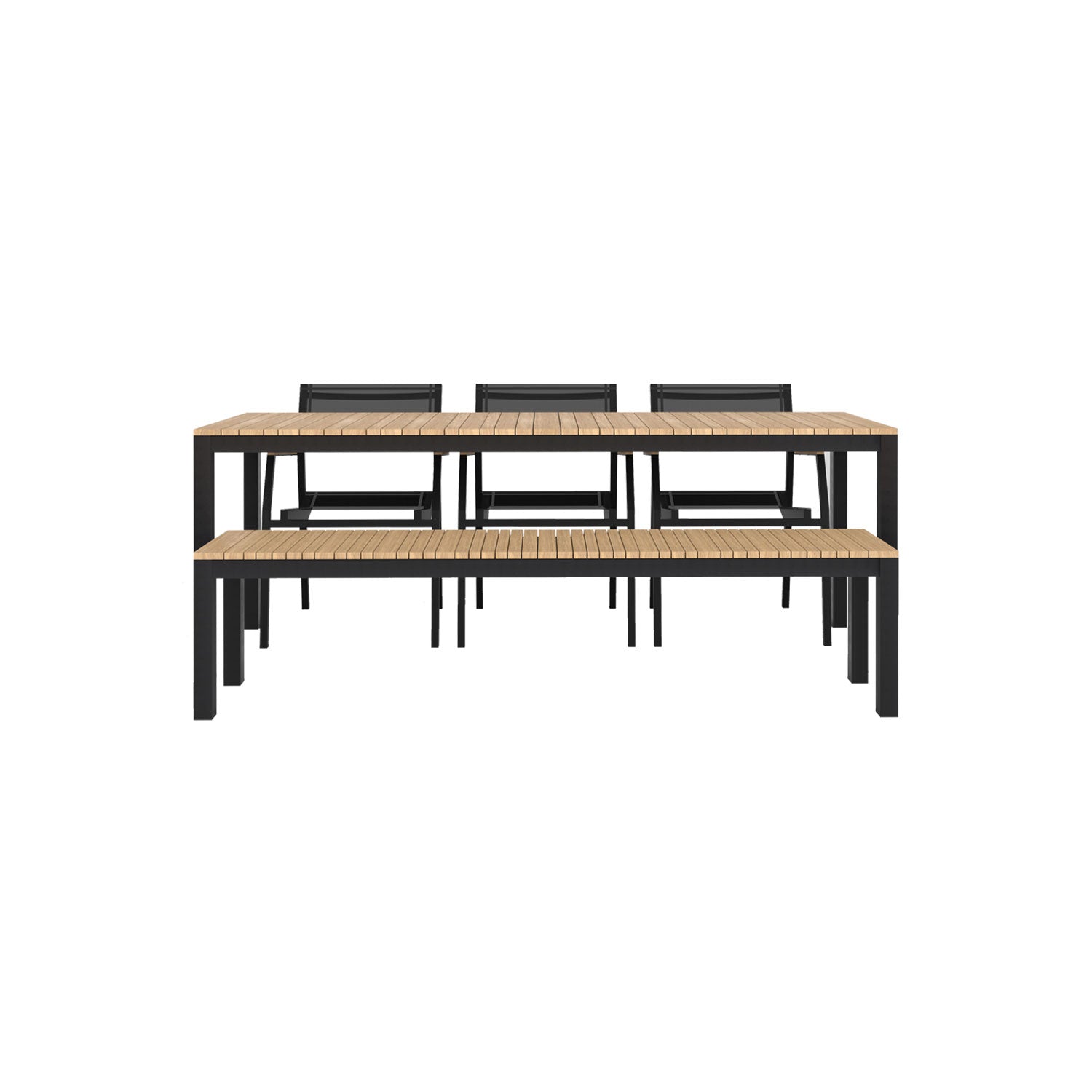 Narrow Width Tandem Alu Table, Bench and Salma Chair Dining Set - Black - Tandem 210x70 + Backless Bench + 3 Salma Sail Alu