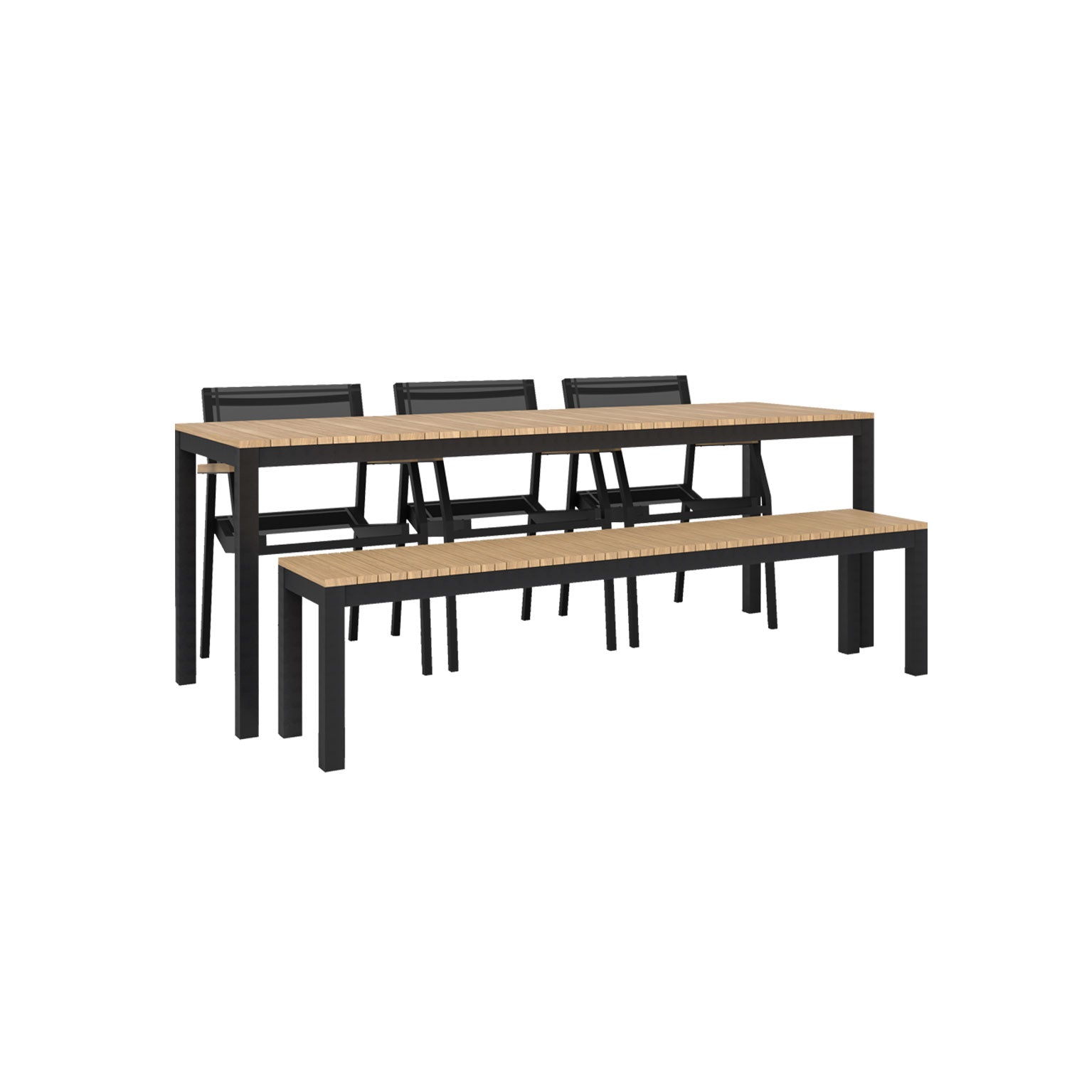 Narrow Width Tandem Alu Table, Bench and Salma Chair Dining Set - Black - Tandem 210x70 + Backless Bench + 3 Salma Sail Alu